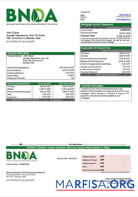 Printable Mali Banque Nationale de Développement Agricole (BNDA) mortgage statement Word and PDF template